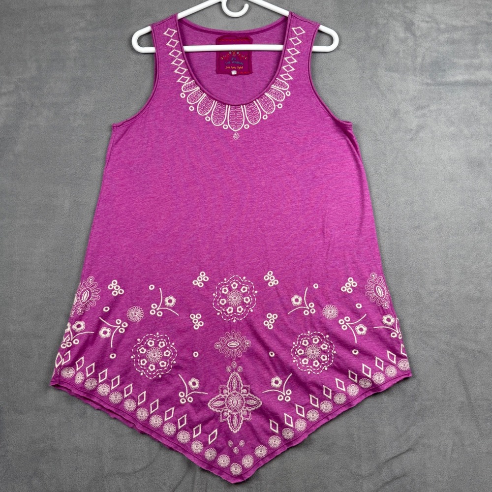 JW Los Angeles Johnny Was Magenta Purple Embroidered Handkerchief Hem Tank Top L